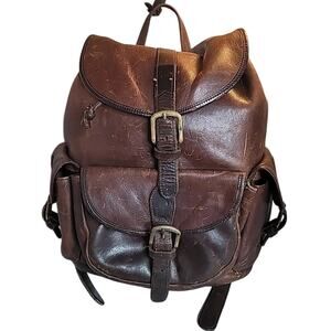 Vtg Leather Backpack Rucksack Luggage Bag Brown Large Travel Luggage Well Worn
